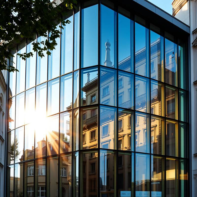 Edificio del estudio Lumina Studios, situado en una calle céntrica de Madrid, con grandes ventanales que reflejan la luz del sol.