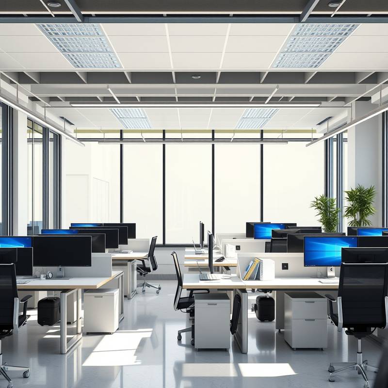 Espacio de oficina con mesas de trabajo y ordenadores