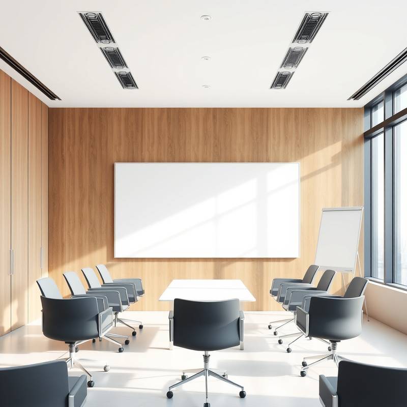 Sala de reuniones con pizarra y sillas